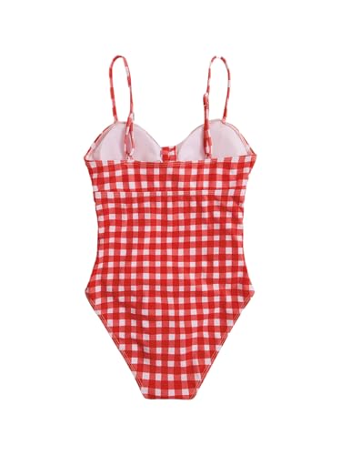 Image of Floerns Girl's Gingham Print Ruched Cut Out Knot Front One Piece Swimsuit