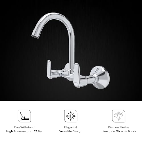 Image of Johnson Sega Brass Wall Mounted Kitchen Sink Mixer Tap with 360 Swivel Spout | Hot & Cold Water Faucet | Chrome Finish | 2 Flanges Included | 10 Years Warranty