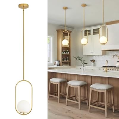Yunnix Pendant Lights Kitchen Island, Pendant Light Fixtures, Modern Gold Globe Glass Pendant Lighting, Brass Mid Century Chandelier One Light for Bathroom Bedroom Dining Room(Bulb Not Included)