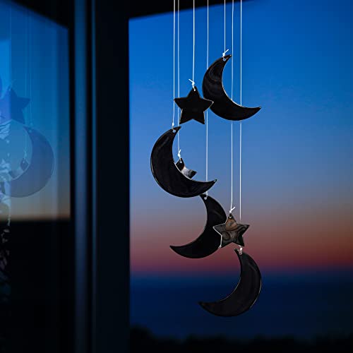 Moon Star Agate Wind Chime Natural Black Agate Wall Hanging Ornament Handmade Healing Crystal Windchime With Wooden Top For Garden Home Window Indoor Outdoor Decor #TOP1