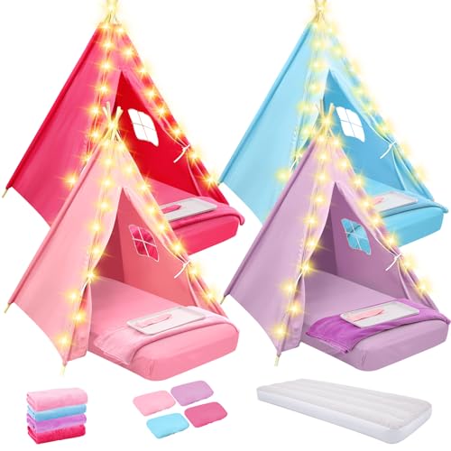 Windyun 4 Pack Kids Teepee Tent for Slumber Party with Mattress and Lights, Sleepover Tents for Girls Boys Indoor Outdoor Cotton Teepee with Airbed Tray Blanket Birthday Party Supplies (Colorful) by Windyun - Used condition - US$162.35