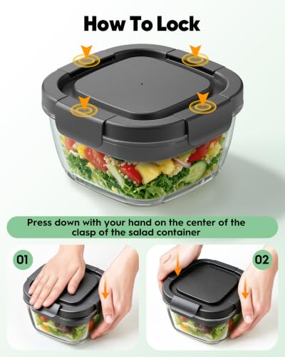 Image of Glass Salad Container,56oz Salad Bowl To Go for Lunch with Airtight Lid,Leak-Proof Sauce Container,4-Compartment Bento Tray & Reusable Fork - BPA-Free Glass Lunch Box for Meal Prep,Office(Black)