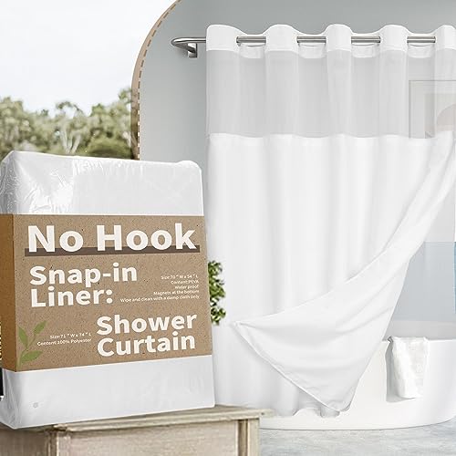 No Hook Slub Textured Shower Curtain with Snap-in PEVA Liner Set – 71″ x 74″(72″), Hotel Style with See Through Top Window, Fabric Outer Curtain & Waterproof Inner Liner, White, 71×74
