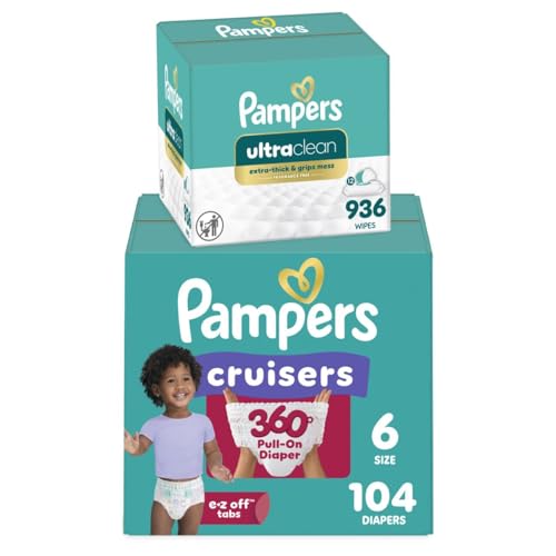 Pampers Pull On Cruisers 360° Fit Disposable Baby Diapers Size 6, 104 Count with Free & Gentle Baby Wipes 12 Flip-Top Packs (936 Wipes Total)