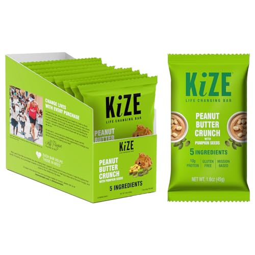 KiZE Energy Bars - Peanut Butter Crunch - Gluten Free, Non-GMO, and High Protein Meal Replacement Energy Bars, Clean and Simple Food Ingredients - 10g High Protein Snacks, (10 Count)
