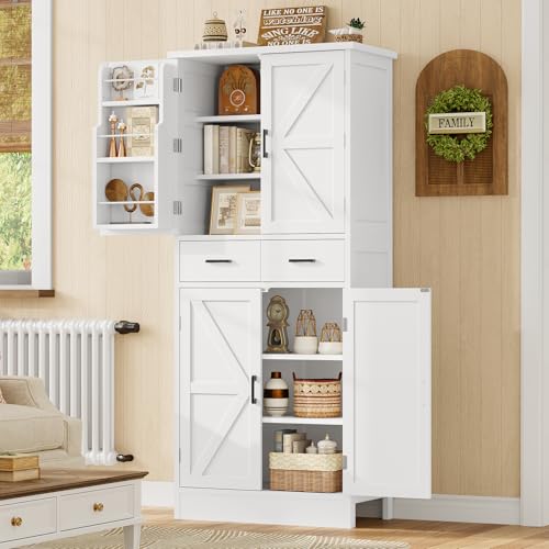 Image of TEENFON Farmhouse Pantry Cabinet, 66.9″H Tall Kitchen Storage Cabinet with Barn Doors, Adjustable Shelves & Drawer, Freestanding Cupboard for Kitchen, Dining Room, Living Room, Bathroom, White