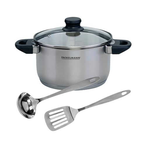 Fackelmann Set de Olla y Utensilios, incluye Olla Alta Acero Inoxidable 20 cm Fackelmann Geneva, Capacidad 3,4 Litros, Paleta y Cazo de Acero Inoxidable