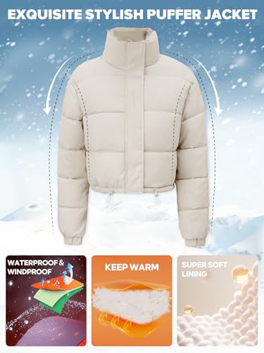 Image of Women's Cropped Puffer Jacket Long Sleeve Puffy Coat Stand Collar Zip UP Quilted Padded Drawstring Outwear with Pockets