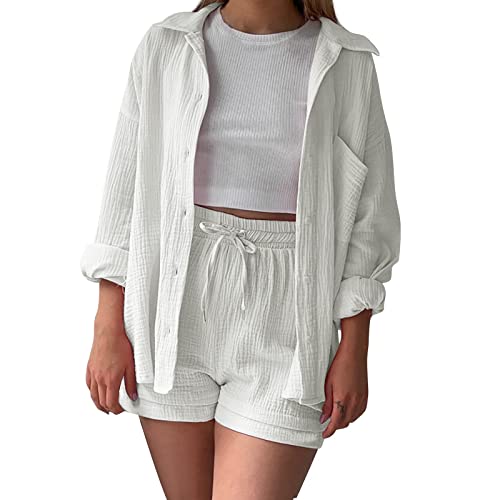 Womens Two Piece Sets Loose Long Sleeve Button Down Blouse with Bust Pocket High Waist Drawstring Shorts Travel Outfits