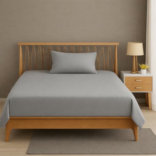 Image of DECOR2ADMIRE 300 TC Premium Glace Cotton Solid Lines Pastel Shades Bedsheet for Single Bed with 1 Pillow Cover for Home (Solid-Plain Dark Grey, Single 60 inch x 90 inch)