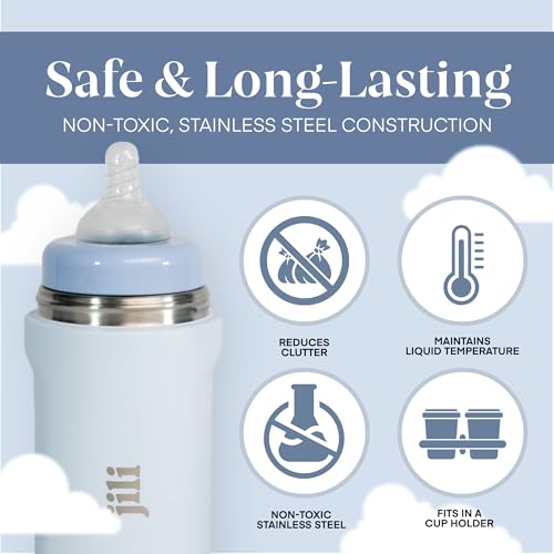 Image of Jili All-in-One Baby Bottle, Insulated Stainless Steel Bottle with Formula Container, Anti-Colic Nipple, and Leak-Proof Lid, Baby Essentials for Travel, BPA, Parabens, and Phthalate-Free, Ice, 8 oz.