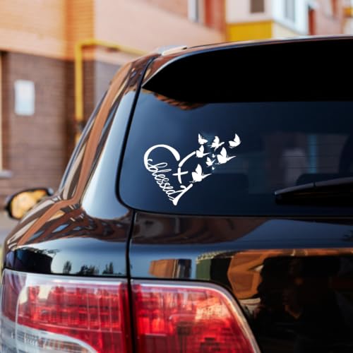Image of Blessed Cross & Butterfly Heart Decal- 8.6 inchx7.5 inch Inspirational Faith Waterproof Vinyl Sticker for Car, Truck, Window, Bumper, Laptop, Wall (Heart-White)