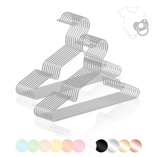 ROW&LINE® – Grucce per vestiti per bambini (30 cm) – 20 pezzi (argento) – per vestiti per bambini salvaspazio – Resistenti per vestiti pesanti – Grucce in filo metallico per un guardaroba ordinato