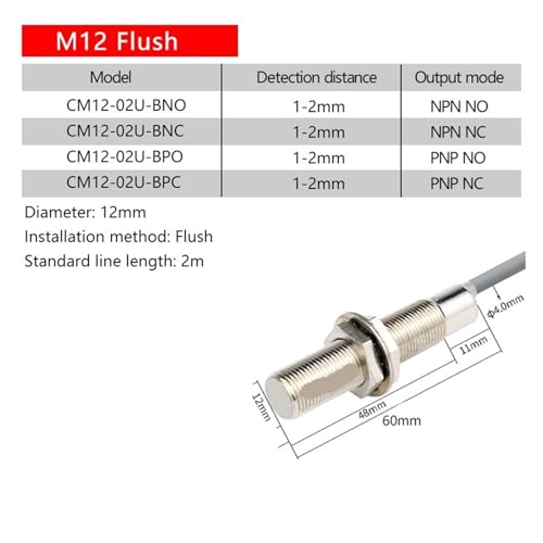 Sensor capacitivo M12 NPN NC de proximidad con tres cables modelo CM12-02U 2