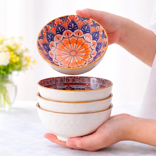 Image of 6-Piece Ceramic Dinner Set, 2 Plates & 4 Bowls, Microwave Safe, Dishwasher Safe, Floral Dinnerware (Orange MANDLA, 2 Plate & 4 Bowl Set)