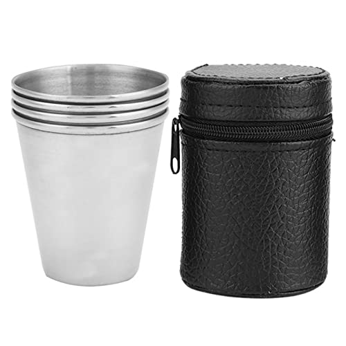 Stainless Steel Cups,4pcs Portable Stainless Steel Cups Set with Black Leather Carrying Case, Shatterproof Durable Cup Set for Camping, Travel, Outdoors, Pool, Beer (Medium), Cups Cup Set Stainle