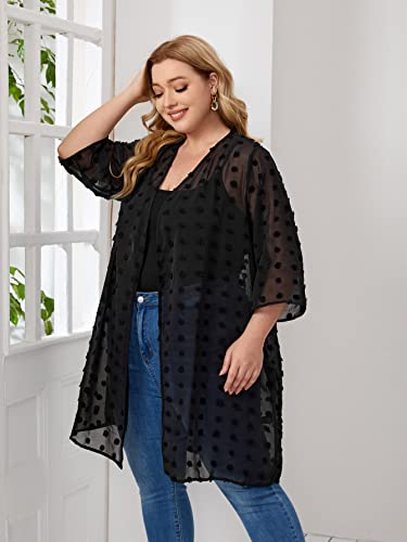 Romwe Women's Plus Size Floral Print Sheer Chiffon Loose Kimono Cardigan Capes Black Swiss Dots 3Xl #TOP2