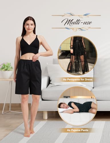 Image of Women Cotton Half Slip Pettipants for Under Dress with Lace Trim Victorian Pajama Pants