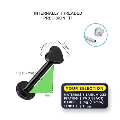 Image of AZTAZ Titanium G23 Internally Threaded Heart Nose or Lip Labret or Earring - High Polish 16G for Ear, Helix, Tragus. Hypoallergenic 4 mm Flat Back Base, 7-10 mm Length