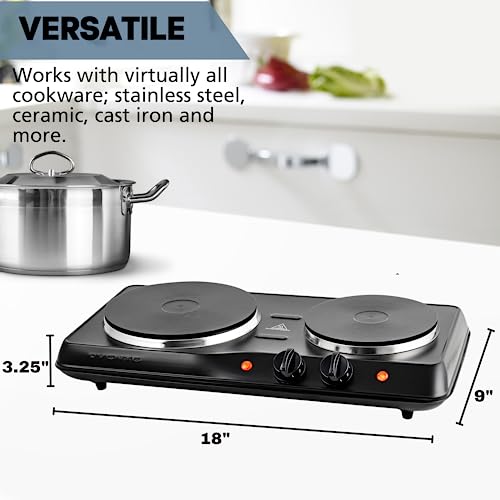 OVENTE Electric Countertop Double Burner, 1700W Cooktop with 7.25" and 6.10" Cast Iron Hot Plates, Temperature Control, Portable Cooking Stove and Easy to Clean Stainless Steel Base, Black BGS102B - Image 6