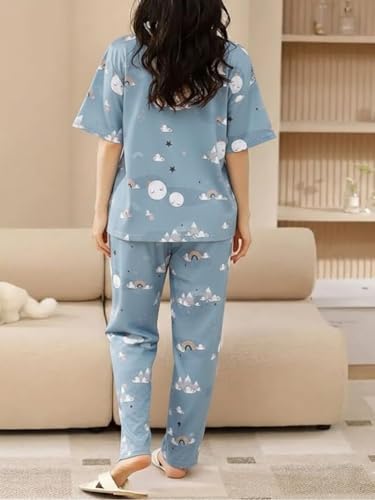 Image of Women's Korean Style Night Suit Set | Cotton Half Sleeve Top & Pyjama Set | Round Neck Printed Nightsuit | Comfortable Nightwear & Loungewear for Women | Sleepwear Pjs Lounge Set |Co-ords Outfit