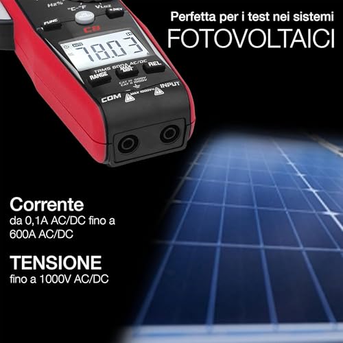 UNIKS - Pince ampèremétrique TRMS numérique C8 - Testeur numérique professionnel 600A - Compteur de courant AC-DC Affichage LCD et lumière LED - Ampèremètre idéal pour photovoltaïque - 3
