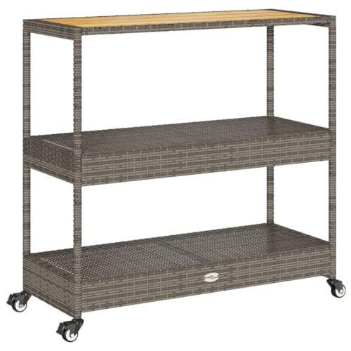 vidaXL Barwagen 3 Böden, Servierwagen mit Rollen Stahlgestell, Rollwagen für Küche Garten Esszimmer, Küchenwagen Küchenregal, Grau Poly Rattan Massivholz Akazie vidaXL Barwagen 3 Böden, Servierwagen mit Rollen Stahlgestell, Rollwagen für Küche Garten Esszimmer, Küchenwagen Küchenregal, Grau Poly Rattan Massivholz Akazie
