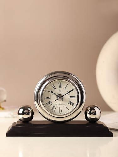 Image of Decor de Maison Brings Handcrafted Orbitron Table Clock for KidsRoom, Living Room, Bedroom, Study Table, Office|Classic Non-Ticking Tabletop Battery Operated Analog Desk Clock in Silver (22x9x13cm)
