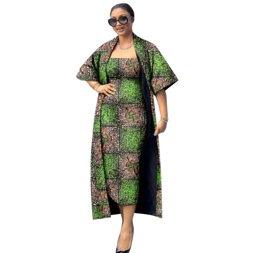 African Clothes for Women Ankara Print Slim Dress and Short Sleeve Long Coat Dashiki Casual Attire
