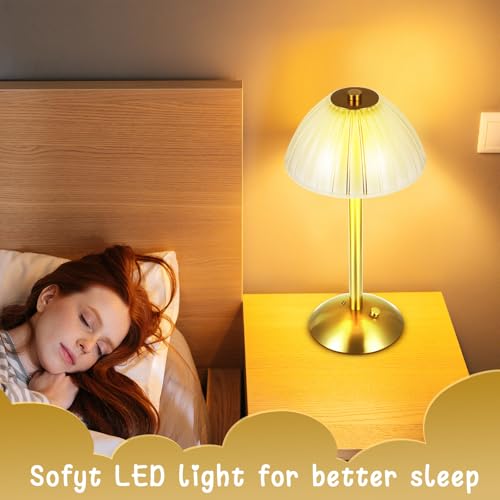 Image of Liliful 8 Pcs Cordless Table Lamp Rechargeable Touch LED Small Gold Portable Battery Operated USB-c Desk Lamp 3 Color Dimmable for Bedroom Living Room Dining (Gold,Mushroom Style)
