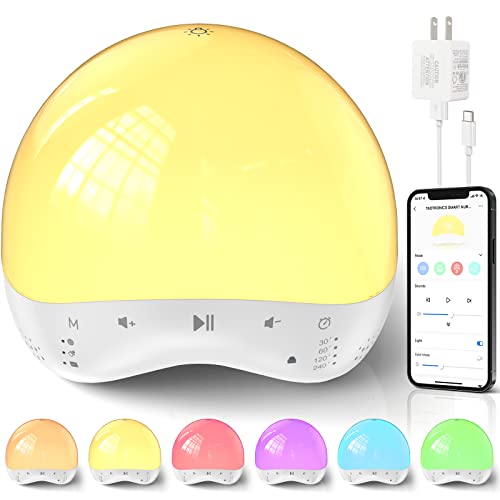 Baby Sound Machine Night Light via APP Control, White Noise Machine with Soothing Sounds, RGB Colors, Timer, Adjustable Brightness/ Volume, Wake Up Light/ Sounds, Alarm, Personalized Routines for Kids
