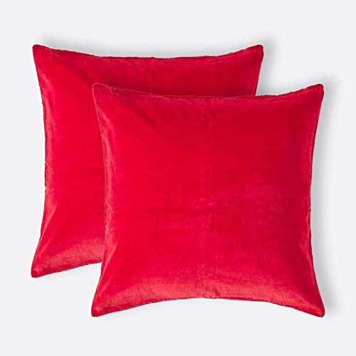 HOMESCAPES Set of 2 Red Velvet Cushion Covers Super Soft Cotton Velvet Luxury Square Scatter Cushions Plain Accent Pair of Throw Pillows for Sofa and Bed Decoration, 40 x 40cm
