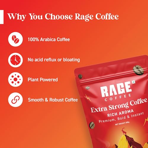 Image of Rage Coffee Extra Strong Premium Blend Coffee Powder | Premium, Bold & Instant | Instant Coffee & Chicory- 100% Arabica Beans for Hot & Cold coffee | Pack of 2 | 200g Each