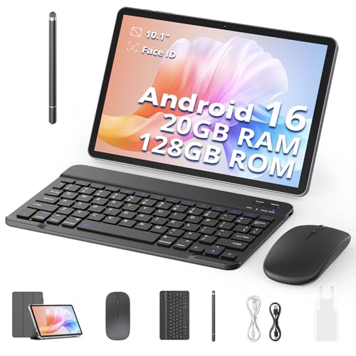 SVITOO Tablette Android 16 avec Clavier, Stylet, Souris et Etui, Tablette 10 Pouces, 20 Go de RAM + 128 Go de ROM, T606 Octa-Core, 1280 x 800 HD, 6600 mAh...
