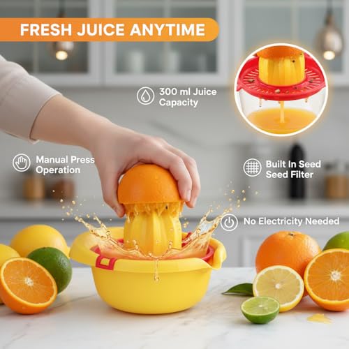 Image of Hand Press Juicer Machine 300 ml Manual Juice Extractor with Measuring Cup Compact Fruit Juicer for Lemon Orange Mosambi Portable Easy Clean Kitchen Tool