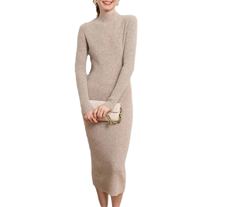 DBFBDTU Womens Cashmere Knitted Dress Solid Color Half-High Collar Long Sweater Dress