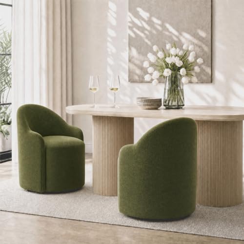 Image of KISLOT Upholstered Dining Chairs Set of 2 with Caster, Pre-Assembled, Green | Modern Dining Room Chairs with Wheels, Rolling Vanity Chair with Round Backrest for Kitchen, Bedroom, Dressing, Linen Fabric