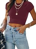REORIA Women's Summer Cute Short Sleeve High Neck Double Lined Tight Casual Basic T Shirts Yoga Crop Tops Tees Burgundy Small