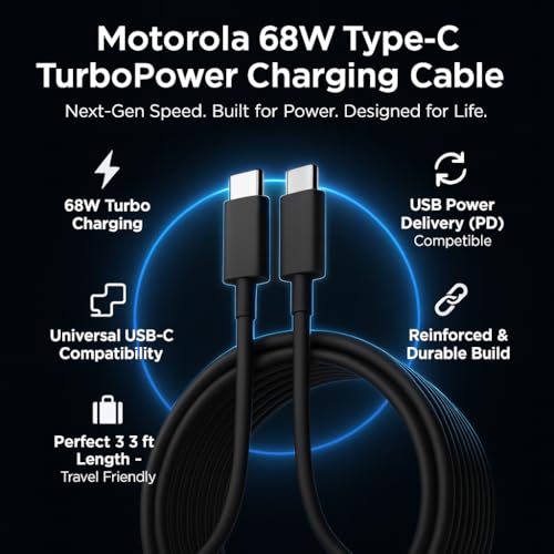 Image of Motorola 68W Turbo Charger with 3.3 Ft Type C Cable for Motorola Edge 30 /30 Fusion /30 Pro /40 /40 Neo /G40 Fusion /50 /50 Ultra /50 Pro /50 Neo /50 Fusion /Moto G82 /G84 /G45 & Other USB C 68Watt Adapter, Black