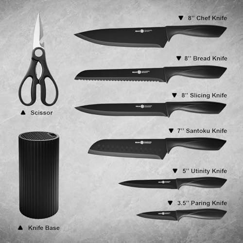 NULAS Knife Set, 8-Piece Kitchen Knife Set with Universal Block - Anti-Rust Chef Knives, Ergonomic Design, Dishwasher Safe (Black)