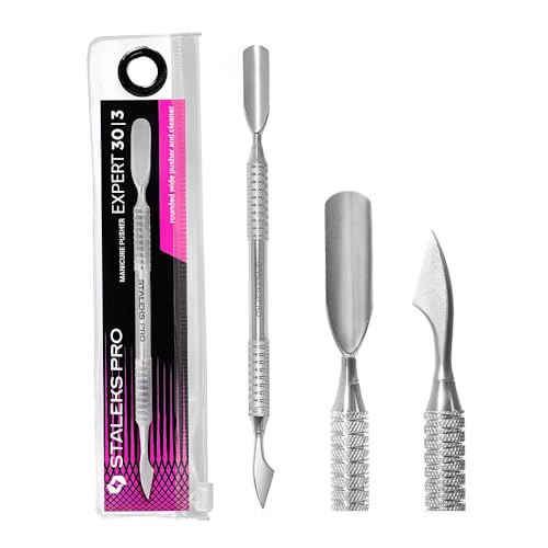 STALEKS PRO Empujador de cuticulas doble. Empujador redondeado ancho + limpiador. Manicura y Pedicura. Acero inoxidable. Expert 30/3