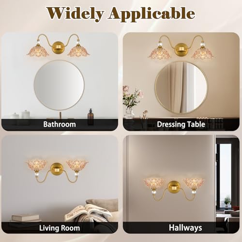 Image of Vintage Bathroom Vanity Light, 2-Light Matte Brass Finish Vanity Light with Floral Amber Glass Shades, Retro Wall Sconce for Bathroom, Dressing Table