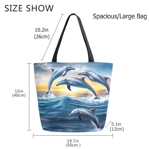 Painting Dolphins Jumping Out Of Ocean Extra Large Canvas Gym Shoulder Tote,Durable Daily Reusable Top Handle Bag for Mens Womens Yoga Weekender Picnic Beach Travel Market Shopping3