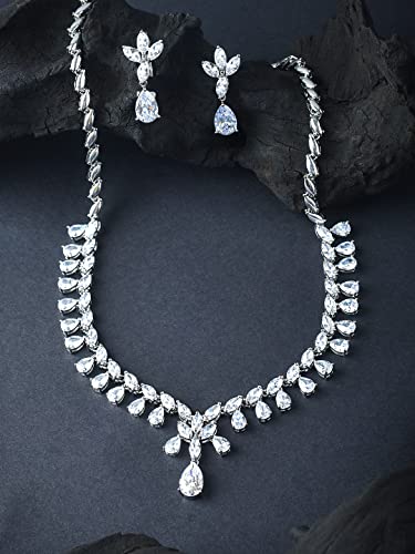 Image of Yellow Chimes Jewellery Set for Women Rhodium Plated Cubic Zircon Silver Necklace with Earring Set Floral Design Classic CZ Stoned Jewellery Set for Women and Girls