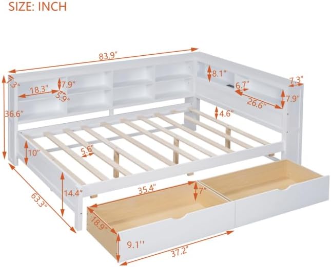Technical drawing with dimensions of the full-size daybed and trundle.