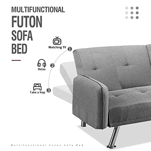 Iululu Futon Sofa Bed, Convertible Couch With 2 Cup Holders, Loveseat With Armrest For Studio, Apartment, Office, Living Room, Light Grey #TOP3