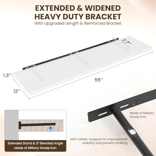 Image of Dreamland 55 inch Floating Shelves for Wall, 12 inch Deep Slim White Floating Shelves, Wall-Mounted Shelves for Bedroom, Living Room, Kitchen, Bathroom - Set of 2