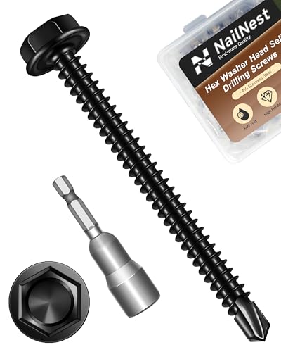 nailnest 50PCS #8 x 2 Self Drilling Screws, Black Self Tapping Screws for Metal, 410 Stainless Steel Hex Washer Head Sheet Metal Screw, Quick Tapping with 7mm Hex Socket