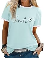 Material: Made from 95% Cotton and 5% Spandex, Super Soft and comfortable. Features: Smile Letter Print, Funny Smile Face Graphic Print, Round Neck, Short Sleeve, Regular Fit, Casual Style. Occasion: Daily Wear, Shopping, Holiday, Travel, Vacation, B...