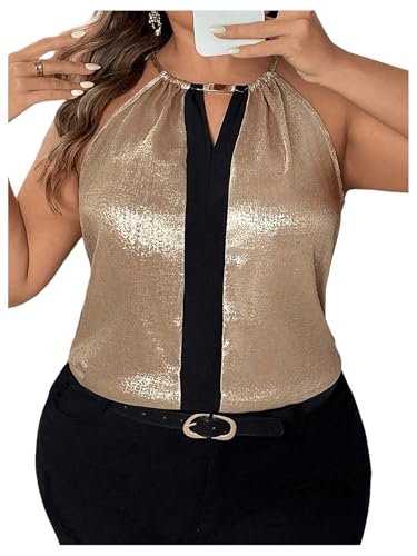 OYOANGLE Women's Plus Size Metallic Keyhole Halter Tank Top Sleeveless Elegant Loose Blouse Tops